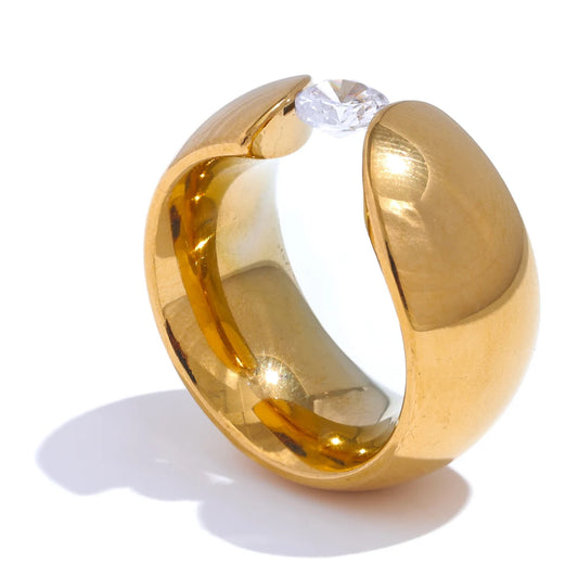 Yhpup Size 678 Sleek Metal Stainless Steel Shiny Cubic Zirconia Wide Golden Ring 18K PVD Plated Charm Daily Jewelry Gift