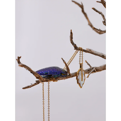 Yhpup High Quality Shiny Zircon Natural Shell Leaf Plant Pendant Necklace Stainless Steel Chain Neck Collar Exquisite Jewelry