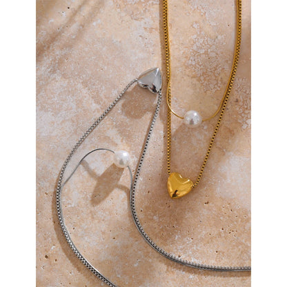 Yhpup Fashion Stainless Steel Double-Layer Chain Heart Imitation Pearl Pendant Stacking Necklace for Women Rust Proof Jewelry