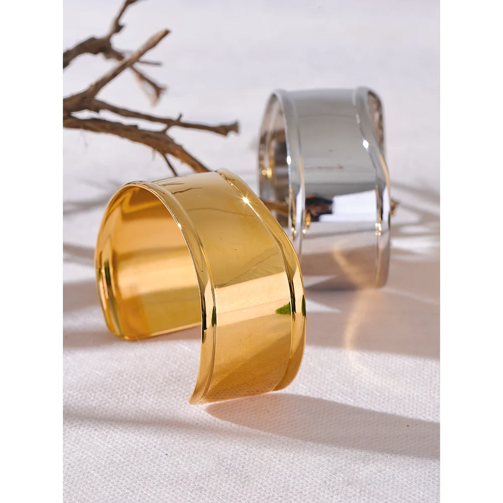 Yhpup High Quality Stainless Steel Metal Wide Cuff Open Bracelet Bangle Waterproof Texture Personalized Unisex Jewelry Bijoux