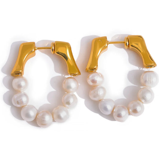 Yhpup Luxury Natural Freshwater Pearls Stainless Steel Handmade Hoop Earrings for Women 18K Gold Color Fashion Chic Jewelry Gift