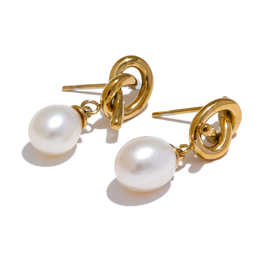 Yhpup Luxury Natural Freshwater Pearl Knot Drop Earrings Trendy Stainless Steel Exquisite High Quality Versatile Jewelry Gift