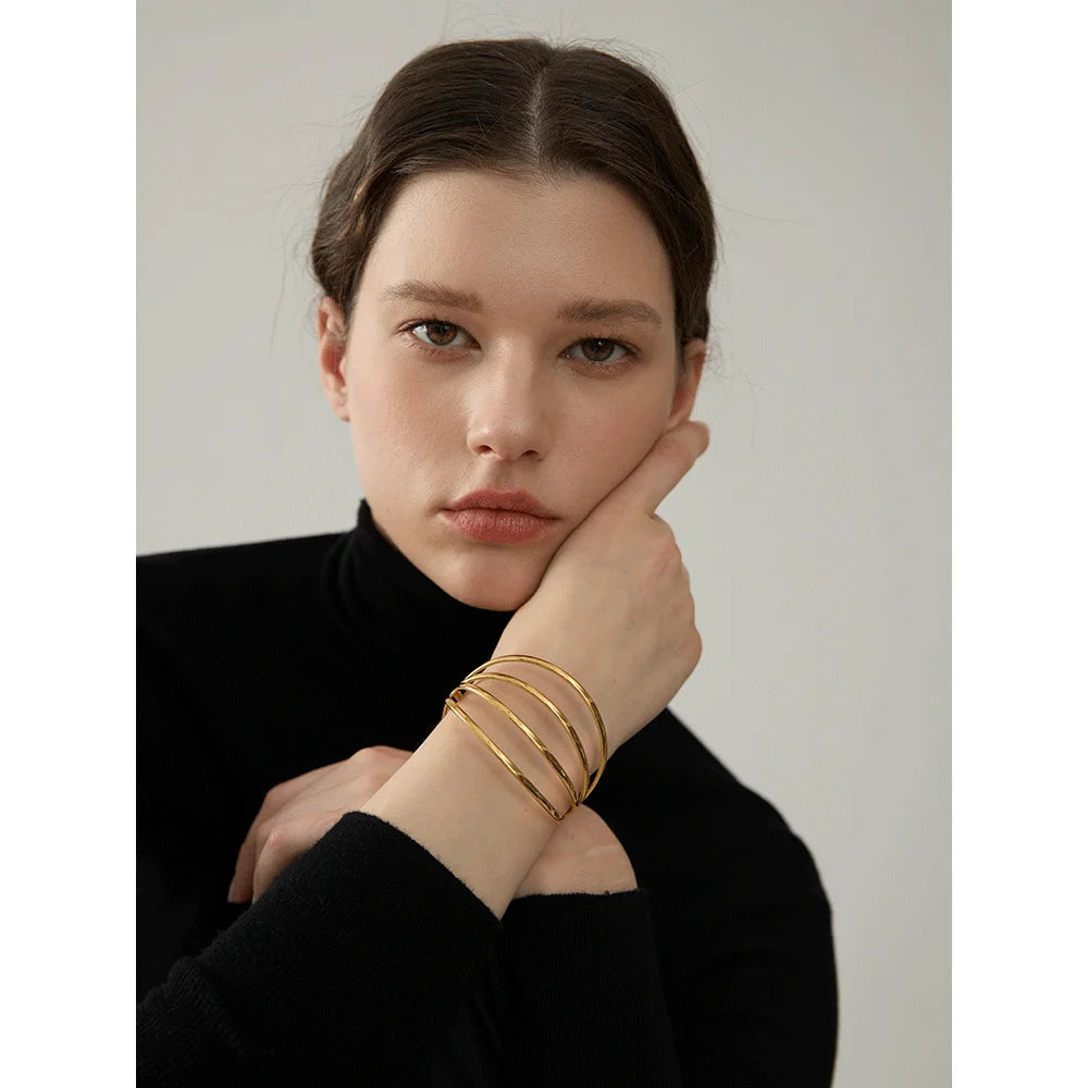 Yhpup Personalized Stainless Steel Geometric Hollow Cuff Bracelet Bangle Gold Color Waterproof Metal Wrist Unusual Jewelry