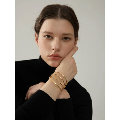 Yhpup Personalized Stainless Steel Geometric Hollow Cuff Bracelet Bangle Gold Color Waterproof Metal Wrist Unusual Jewelry