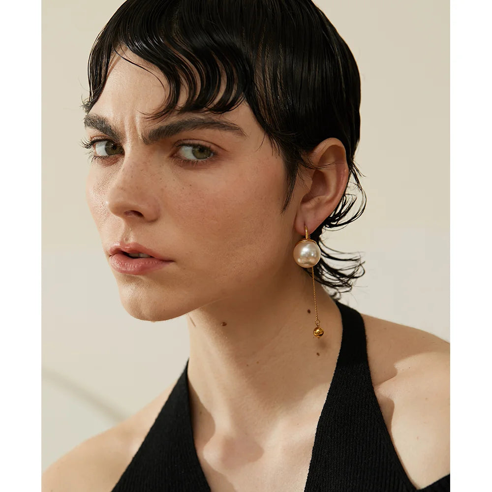 Yhpup Korean Imitation Pearls Chain Long Drop Stainless Steel Earrings Temperament Geometric Fashion Chic Party Jewelry Women