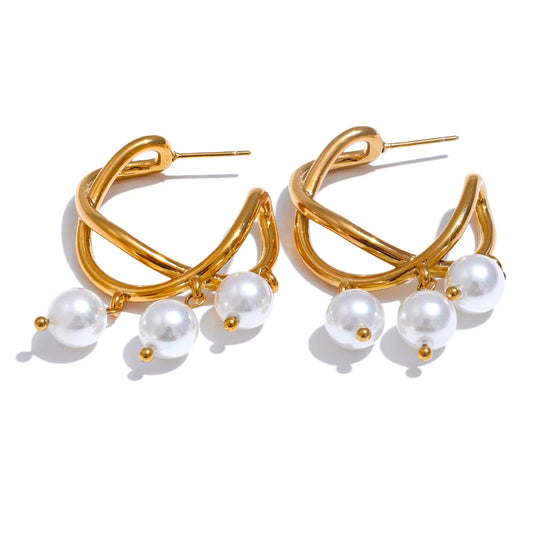 Yhpup Stylish Unique Simulated Pearls Geometric Huggie Earrings Korean Style Stainless Steel Temperament Trendy Jewelry Gift