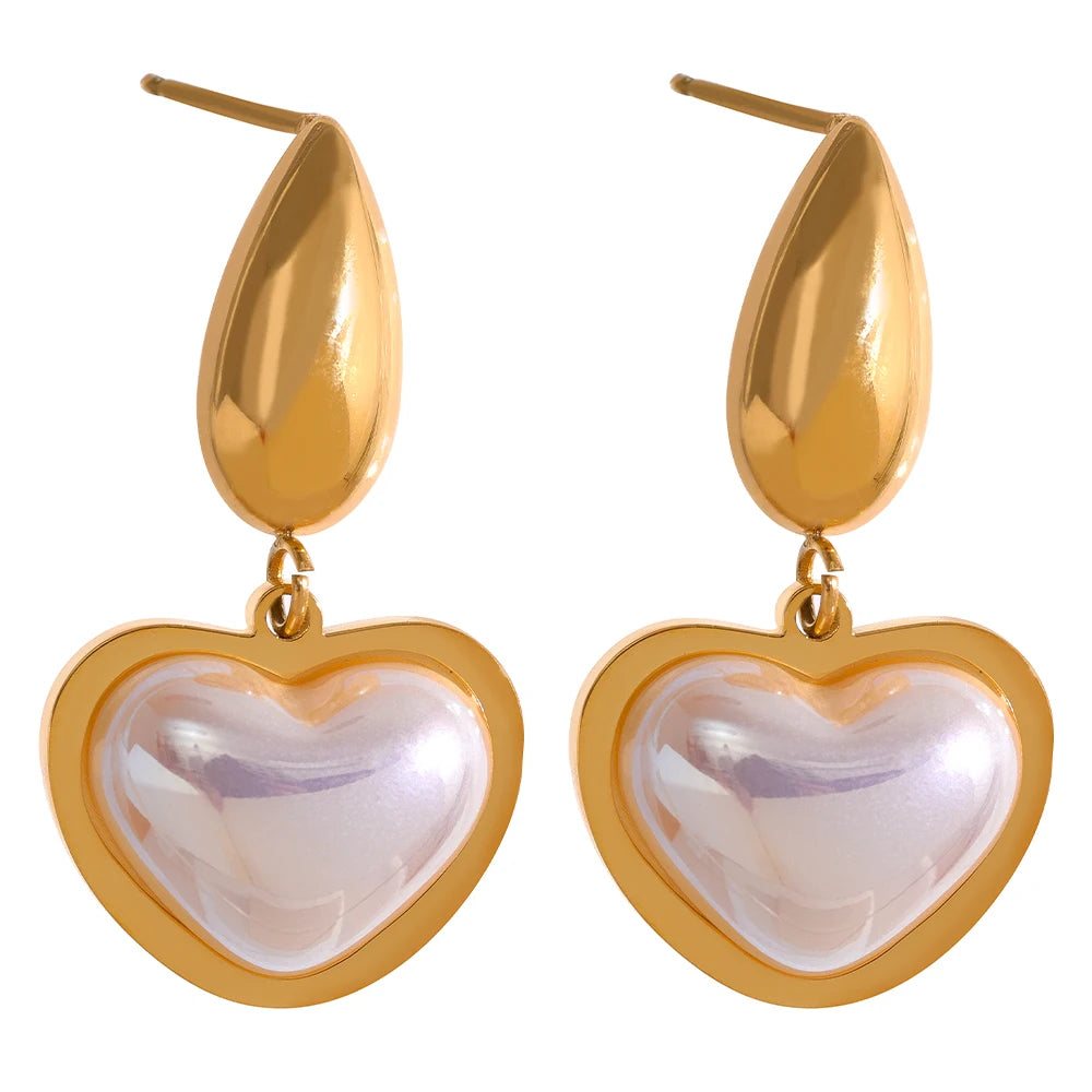 Yhpup Golden Elegant Imitation Pearls Heart Stainless Steel Drop Dangle Earrings Fashion Korean Trendy Charm Jewelry for Women