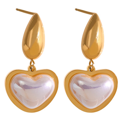 Yhpup Golden Elegant Imitation Pearls Heart Stainless Steel Drop Dangle Earrings Fashion Korean Trendy Charm Jewelry for Women