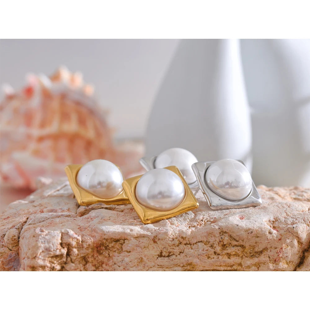 Yhpup 9g/pair Elegant Simulated Pearls Square Golden Stud Earrings for Women 316L Stainless Steel Fashion Classic Jewelry Gift