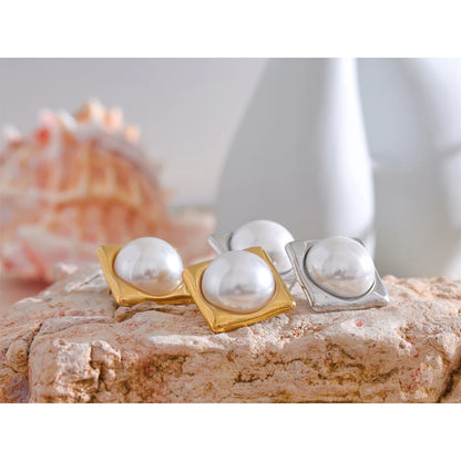 Yhpup 9g/pair Elegant Simulated Pearls Square Golden Stud Earrings for Women 316L Stainless Steel Fashion Classic Jewelry Gift