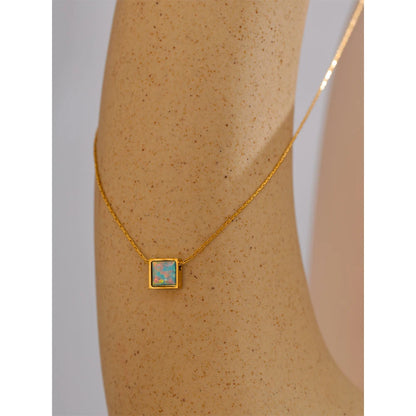 Yhpup Delicate Stainless Steel Square Natural Opal Stone Pendant Necklace Chain Stylish Dainty Golden Collar Chic Jewelry Gift