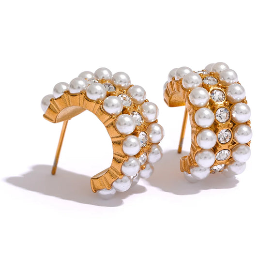 Yhpup Imitation Pearl Cubic Zirconia Stainless Steel Hoop Earrings for Women Korean Ear Pendants Gold Color Jewelry Pendientes
