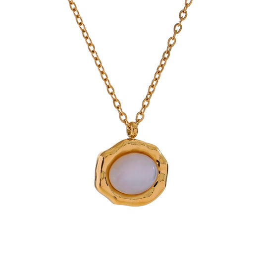 Yhpup Fashion Natural Shell Round Chic Pendant Necklace Waterproof Stainless Steel Golden High Quality Jewelry Accessories