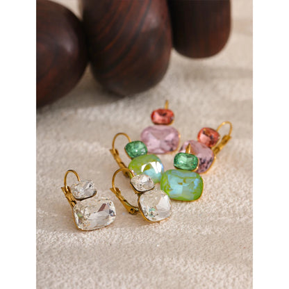 Yhpup Fashion Crystal Candy Stud Earrings French Hoops Trendy White Green Pink Y2K Summer Jewelry for Women 18k PVD Plated