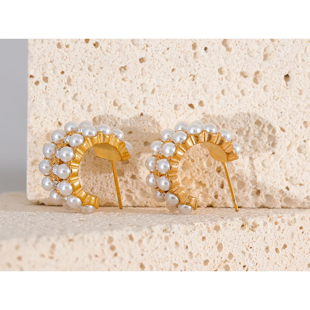 Yhpup Imitation Pearl Cubic Zirconia Stainless Steel Hoop Earrings for Women Korean Ear Pendants Gold Color Jewelry Pendientes