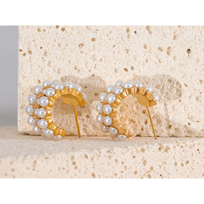 Yhpup Imitation Pearl Cubic Zirconia Stainless Steel Hoop Earrings for Women Korean Ear Pendants Gold Color Jewelry Pendientes
