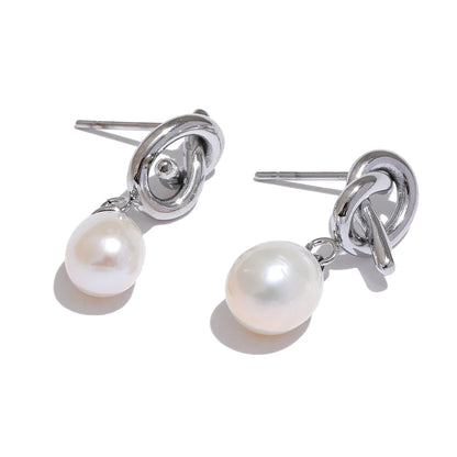 Yhpup Luxury Natural Freshwater Pearl Knot Drop Earrings Trendy Stainless Steel Exquisite High Quality Versatile Jewelry Gift