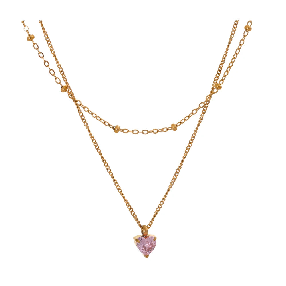 Yhpup Chic Stainless Steel Double-Layer Stacking Chain Pink Zircon Heart Pendant Necklace Delicate Style High-Grade Jewelry