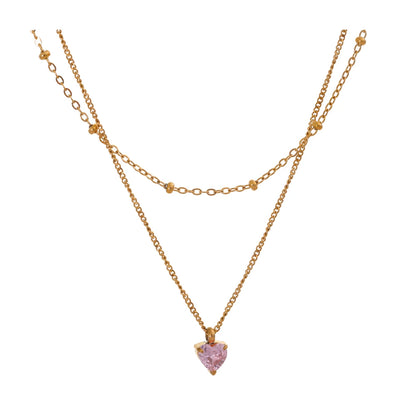 Yhpup Chic Stainless Steel Double-Layer Stacking Chain Pink Zircon Heart Pendant Necklace Delicate Style High-Grade Jewelry