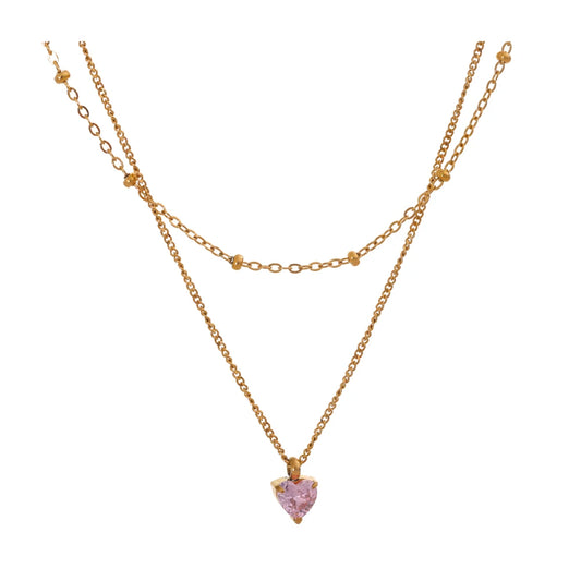 Yhpup Chic Stainless Steel Double-Layer Stacking Chain Pink Zircon Heart Pendant Necklace Delicate Style High-Grade Jewelry