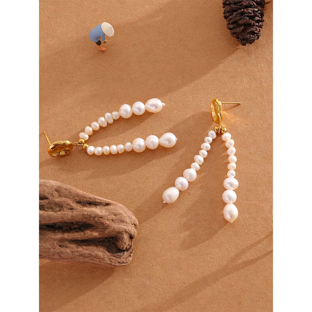 Yhpup Luxury Natural Freshwater Pearls Tassel Long Dangle Earrings Stainless Steel 18K Gold Plated Party Fashion Jewelry
