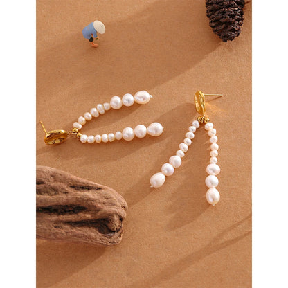 Yhpup Luxury Natural Freshwater Pearls Tassel Long Dangle Earrings Stainless Steel 18K Gold Plated Party Fashion Jewelry
