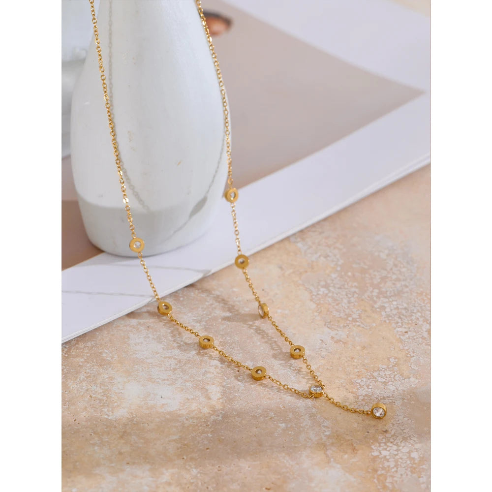 Yhpup Korean Style Exquisite Cubic Zirconia Chain Necklace for Women Stainless Steel Water Resistant Chic Jewelry Gift