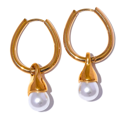 Yhpup Removable Stainless Steel Geometric Imitation Pearls Drop Hoop Earrings Gold Color Fashion Elegant Daily Jewelry for Women