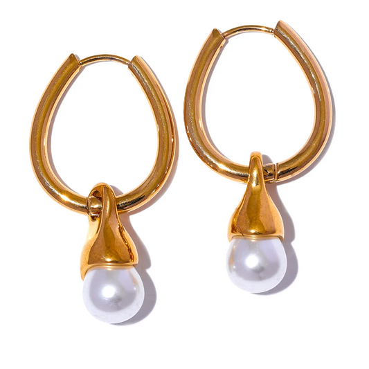 Yhpup Removable Stainless Steel Geometric Imitation Pearls Drop Hoop Earrings Gold Color Fashion Elegant Daily Jewelry for Women