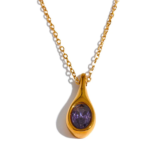 Yhpup High Quality Purple Cubic Zirconia Stainless Steel Water Drop CZ Pendant Fashion Necklace Delicate Women Chic Jewelry Gift