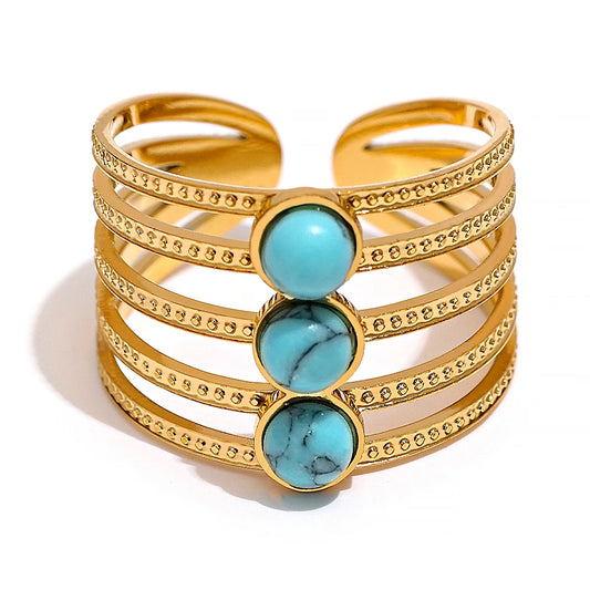 Yhpup Natural Turquoise Stone Stainless Steel Ring Summer Bohemia Woman Jewelry  Trendy Cheap Open Finger Ring Accessory