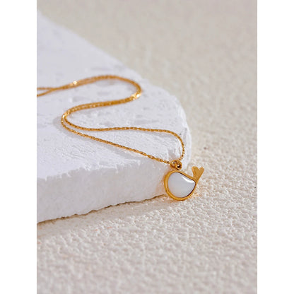 Yhpup Chic High Quality Natural Shell Whale Pendant Necklace Water Resistant Golden Stainless Steel Summer Daily Jewelry New
