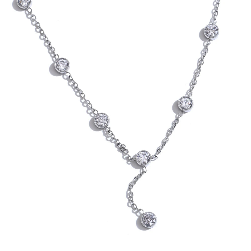 Yhpup Korean Style Exquisite Cubic Zirconia Chain Necklace for Women Stainless Steel Water Resistant Chic Jewelry Gift