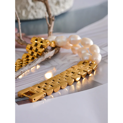 Yhpup Luxury Natural Pearls Cuban Chain 316L Stainless Steel Bracelet Bangle High Quality Women Gold Color Premium Jewelry Gift