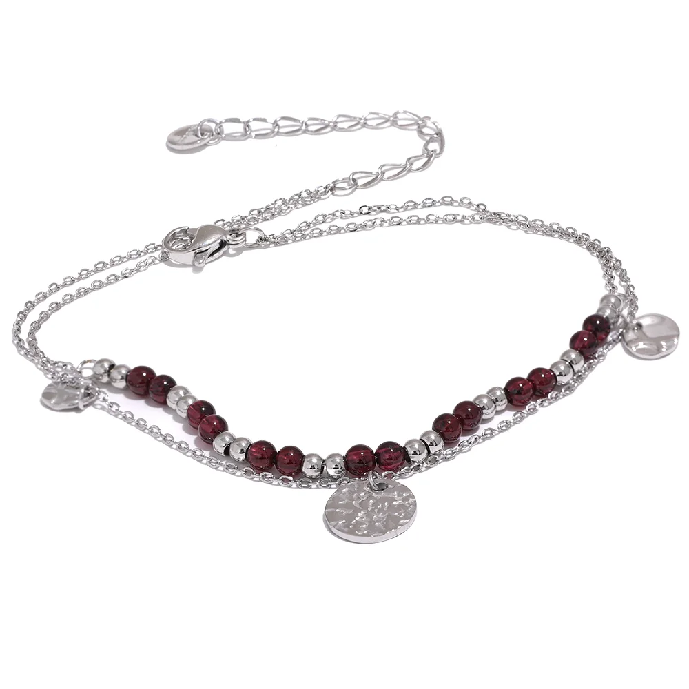 Yhpup Stainless Steel Layered Summer Anklet Chic Stylish Jewelry Fashion Natural Garnet Stone Beads Handmade Chain Women