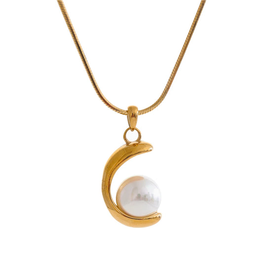 Yhpup Elegant Imitation Pearls Geometric Pendant Necklace for Women Stainless Steel Korean Style Fashion Jewelry
