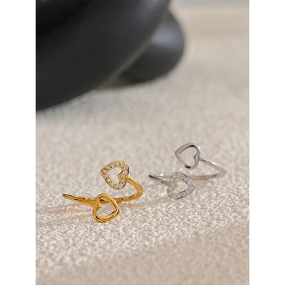 Yhpup Gold & Platinum PVD Plated Stainless Steel Open Adjustable Ring Heart Hollow Fashion Chic Finger Accessories for Women