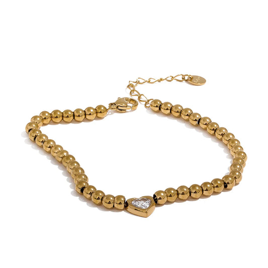 Yhpup Stainless Steel Beads Chain Heart Zircon Handmade Bracelet Bangle Gold Color Waterproof Charm Jewelry for Women Gala Gift