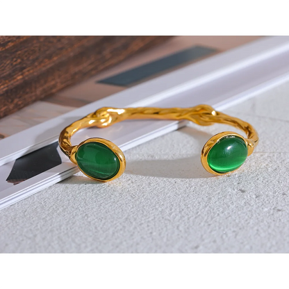 Yhpup Green Natural Stone Stainless Steel Gold Color Cuff Bracelet Bangle Women High Quality Textured Stylish Statement Jewelry