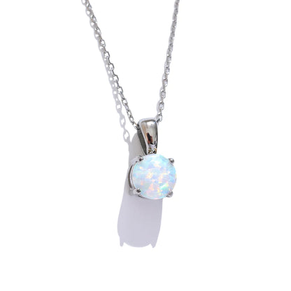 Yhpup Exquisite Round Opal Stone Pendant Necklace for Women Stainless Steel Korean Style Fashion Temperament Neck Jewelry