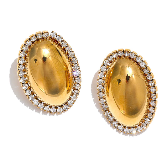 Yhpup Shiny Cubic Zirconia Smooth Metal Oval Stud Earrings 316L Stainless Steel Fashion Jewelry Prevent Allergy