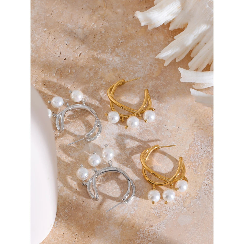 Yhpup Stylish Unique Simulated Pearls Geometric Huggie Earrings Korean Style Stainless Steel Temperament Trendy Jewelry Gift