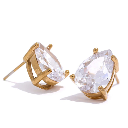 Yhpup Shinny AAA Cubic Zirconia Stainless Steel Water Drop Stud Earrings Women 18k Gold Plated Waterproof Fashion Bling Jewelry