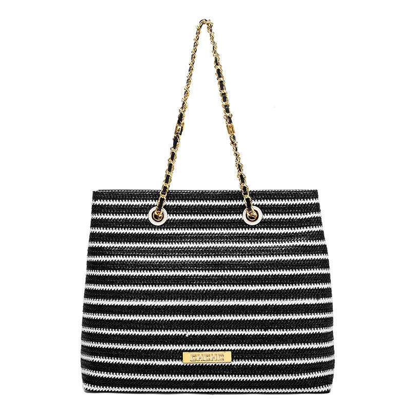 Fashion Classic Retro Stripe Women's New Chain Bag Large Capacity PP Material Women's Shoulder Bag