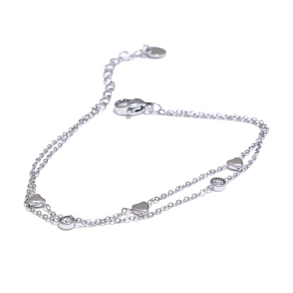 Yhpup Delicate Chain Heart Zircon Double Layer Stacking Bracelet Bangle Chic Summer Stainless Steel Waterproof Jewelry Gift