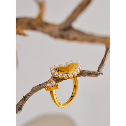 Yhpup Fashion Imitation Pearls CZ Heart Love Open Golen Ring Water Resistant Stainless Steel Elegant Premium Jewelry Gift