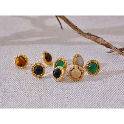 Yhpup Exquisite Natural Stone Stainless Steel Round Small Stud Earrings Waterproof Trendy High Quality Daily Jewelry Bijoux