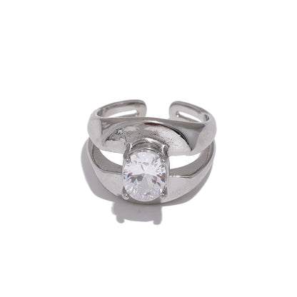 Yhpup Delicate Bling Cubic Zirconia Stainless Steel Wide Geometric Fashion Ring Texture PVD Plated Waterproof  Jewelry Gift