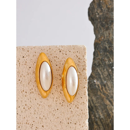 Yhpup Exclusive Elegant Imitation Pearls Oval Golden Big Stud Earrings Women Handsome Stainless Steel Temperament Jewelry