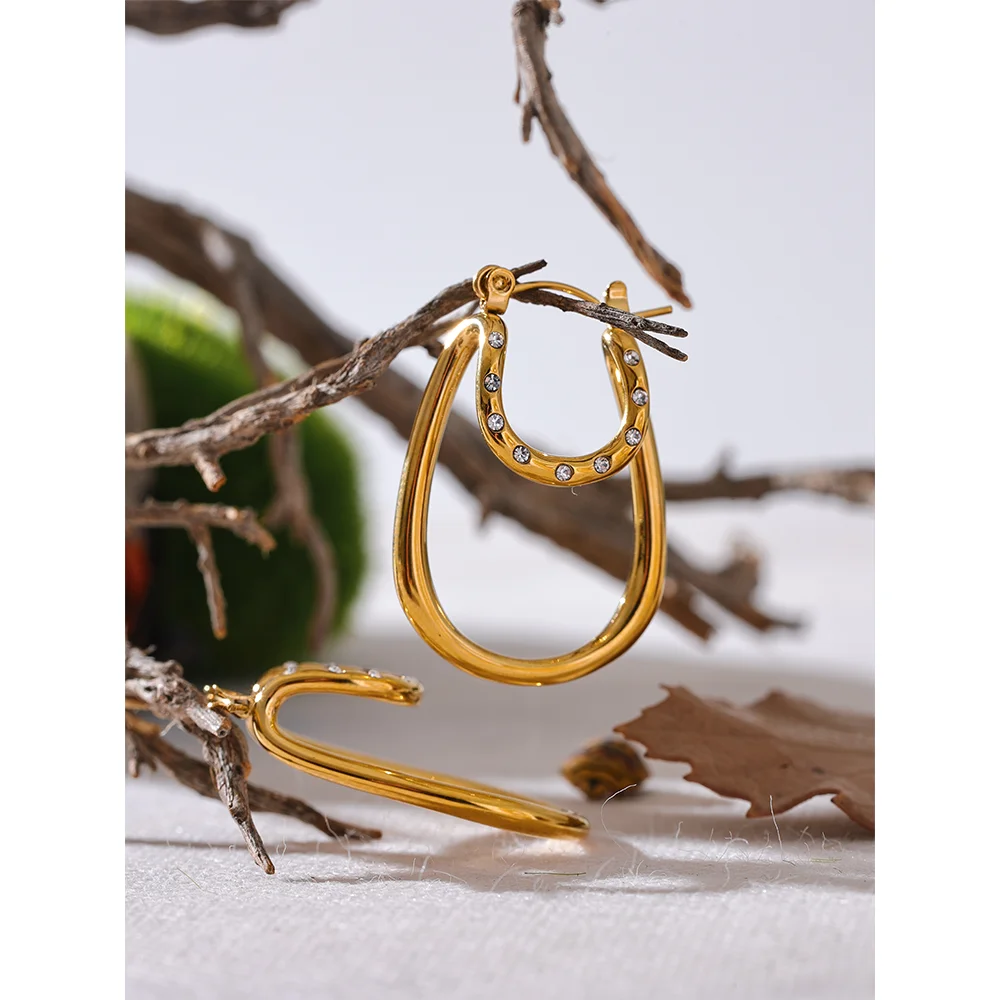 Yhpup Fashion Inlaid Zircon Stainless Steel Oval Hollow Hoop Earrings High Quality Gold Color Exquisite Ear Jewelry Gift